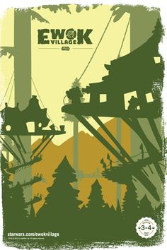 the poster for ewok village is shown in green and yellow, with an image of