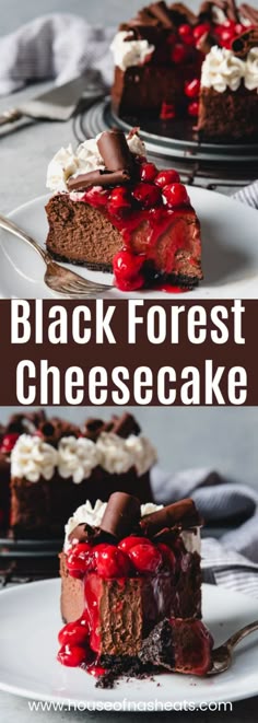 black forest cheesecake with chocolate and cherries on top