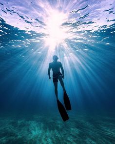 a man is swimming under the water