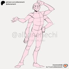 a drawing of a man in pink with his hands on his head and arms behind him