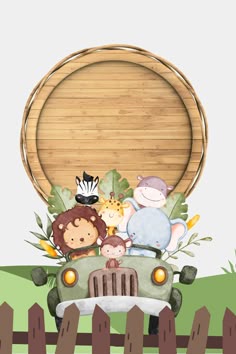 a car with animals driving down the road in front of a wooden sign