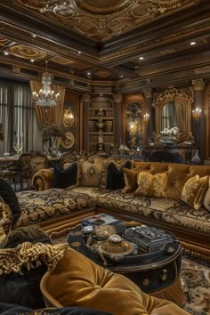 an ornate living room with gold and black furniture