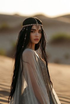 a woman with long hair wearing a white dress and headpiece standing in the desert