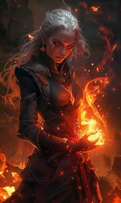 a woman with white hair holding a lit candle in her hands and wearing a black outfit