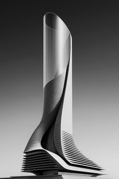 a tall building that has a spiral design on it's side, in black and white