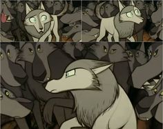 two pictures of cats in the middle of a crowd, one with green eyes and one with grey hair