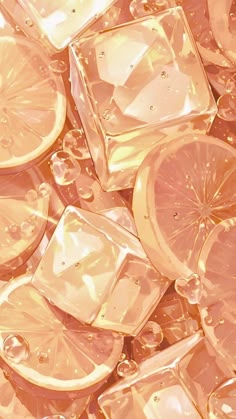 some oranges and lemon slices are shown in this close up photo with water droplets on them