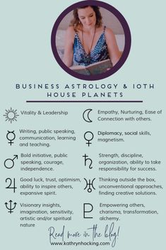 the business astrology and ioth house planets poster with an image of a woman reading
