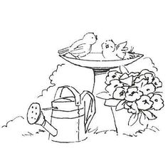 a black and white drawing of birds in a birdbath with flowers next to it