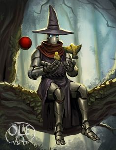 a wizard sitting on a tree branch with a bird in his hand and an apple in his other hand