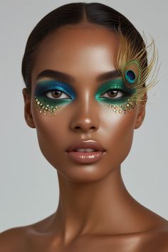 Female face with gradient eyeliner in blue-green-gold shades, peacock feather-inspired eye makeup, glowing tan skin, and subtle lips.