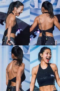 an image of a woman that is singing into her earbuds and holding something in her hand