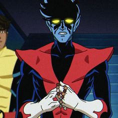 an animated image of two men with yellow eyes, one in red and the other in blue
