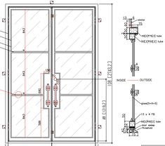 an architectural drawing shows the details for a double door with glass and steel frame, as well as measurements