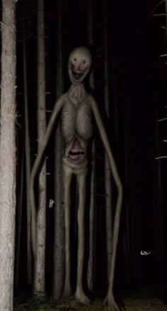 a creepy skeleton standing in the middle of a forest