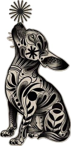 a black and white drawing of a dog with an ornament on it's back