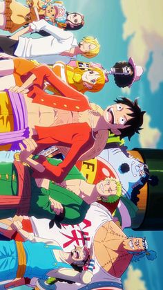 anime characters standing together in front of a blue sky