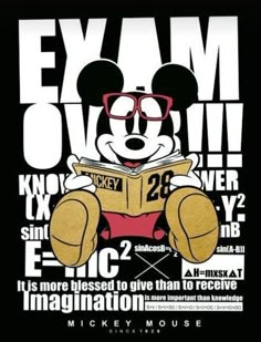 mickey mouse reading a book with the words exam on it's back and an image of