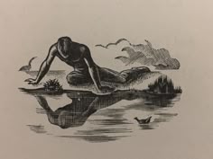 a drawing of a naked man floating in the water