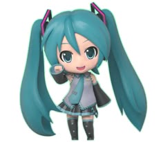 an anime character with blue hair and black boots, holding her hand up to the side