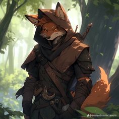 a fox dressed in armor standing next to a forest filled with trees and leaves,
