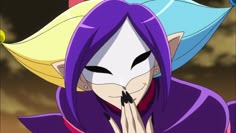 an anime character with purple hair and black eyes