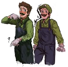 two men in overalls are standing next to each other