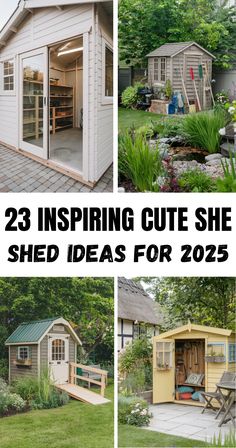 This pin showcases 23 cute she shed ideas for your backyard. It focuses on garden sheds, home decor and design, providing inspiration for creating your personal retreat. The images highlight various styles of she sheds, from cozy and rustic to modern and chic, perfect for any home.
