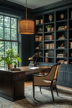 a home office with built - in bookcases and an l shaped desk surrounded by bookshelves