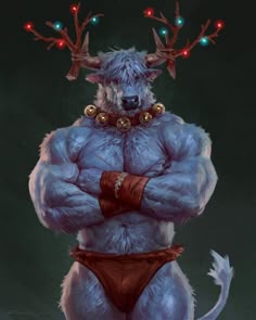 an animal with horns and lights on its head is standing in front of a dark background