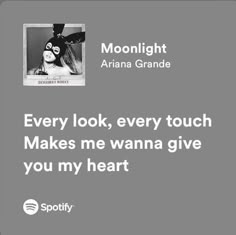 a woman with long hair wearing a black and white photo text reads moonlight aria grandee every look, every touch makes me wanna give you my heart