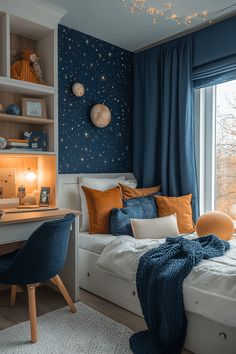 a bedroom decorated in blue and orange with stars on the wall, bed linens, desk chair, and bookshelf