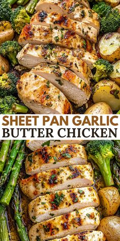 sheet pan garlic butter chicken with broccoli, potatoes and asparagus on the side