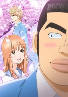 two anime characters standing next to each other in front of pink flowers and trees with blue eyes