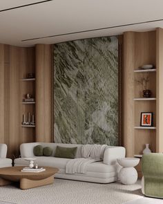 a living room filled with white furniture and wooden walls