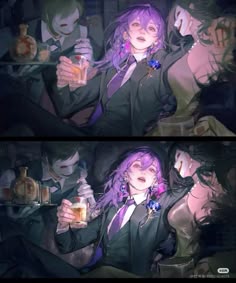 two pictures of people in suits and ties holding drinks, one is drinking from a glass