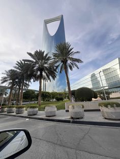 palm trees are in front of a tall building