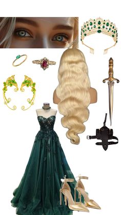 an image of a woman's green dress and accessories for her wedding day or prom