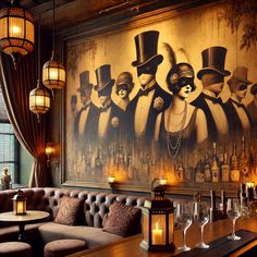 a painting on the wall of a bar with candles and wine glasses in front of it