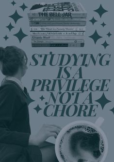 a woman sitting in front of a stack of books with a cup of coffee on her lap