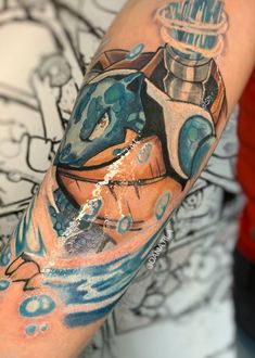 a person with a tattoo on their arm holding a water bottle and an object in the background