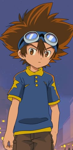 an anime character wearing goggles and standing in the street