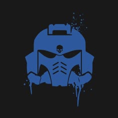 a blue and black image of a helmet with skulls on it's face, against a dark background