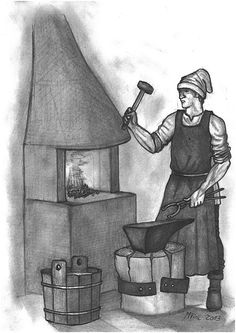 a black and white drawing of a man holding a hammer next to a barrel filled with coal