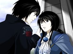 two anime characters standing next to each other