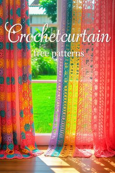 an open window with colorful curtains and the words crochet curtain free patterns on it