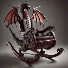 a wooden rocking chair with a dragon sitting on it's back and wings spread out
