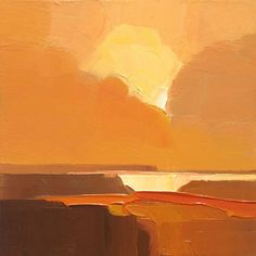 an abstract painting of the sun setting over water