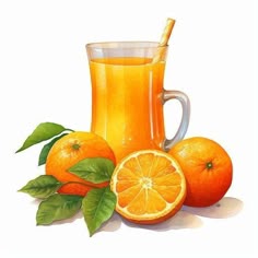 an orange juice in a glass and some fruit