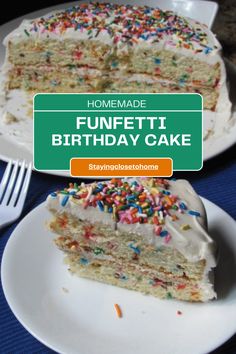 a white plate topped with a slice of cake covered in frosting and sprinkles